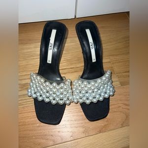 Zara pearl and black slip on heels, size 36